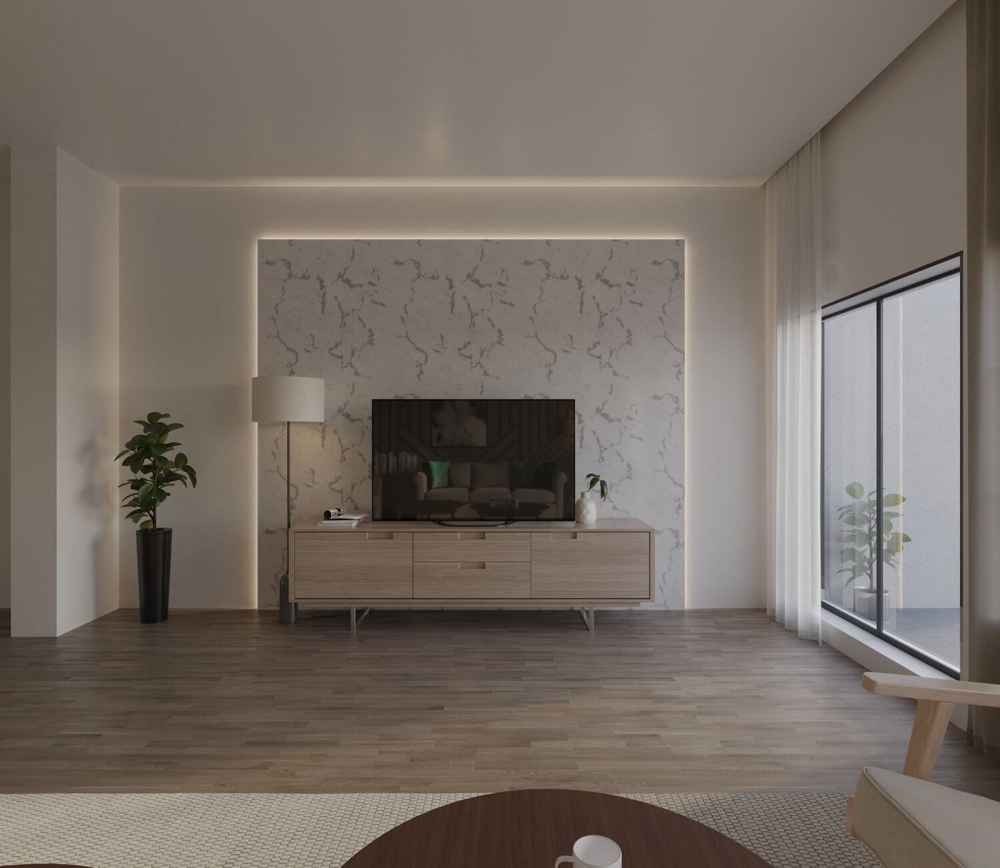 modern cream toned living room with white led strip lighting