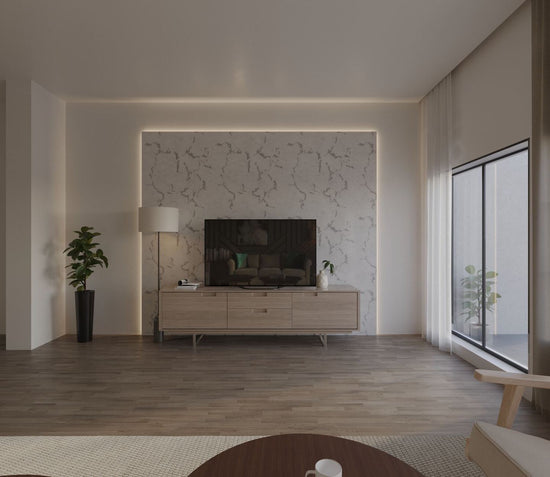 modern cream toned living room with white led strip lighting