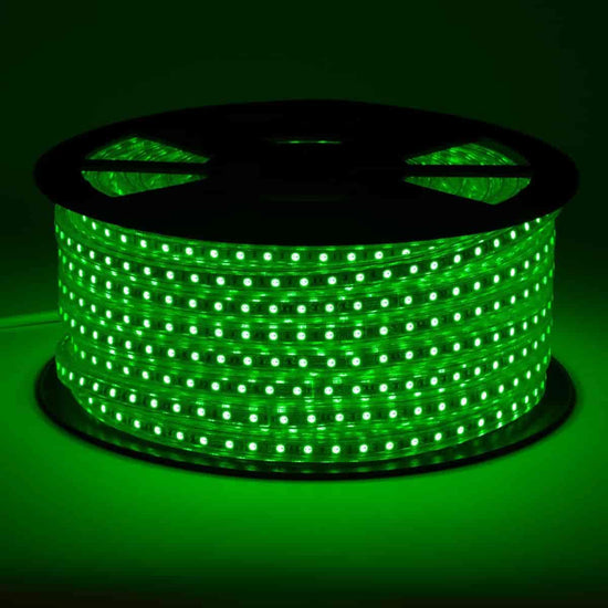 120V led strip lights on black reel displaying vivid light in intense green color