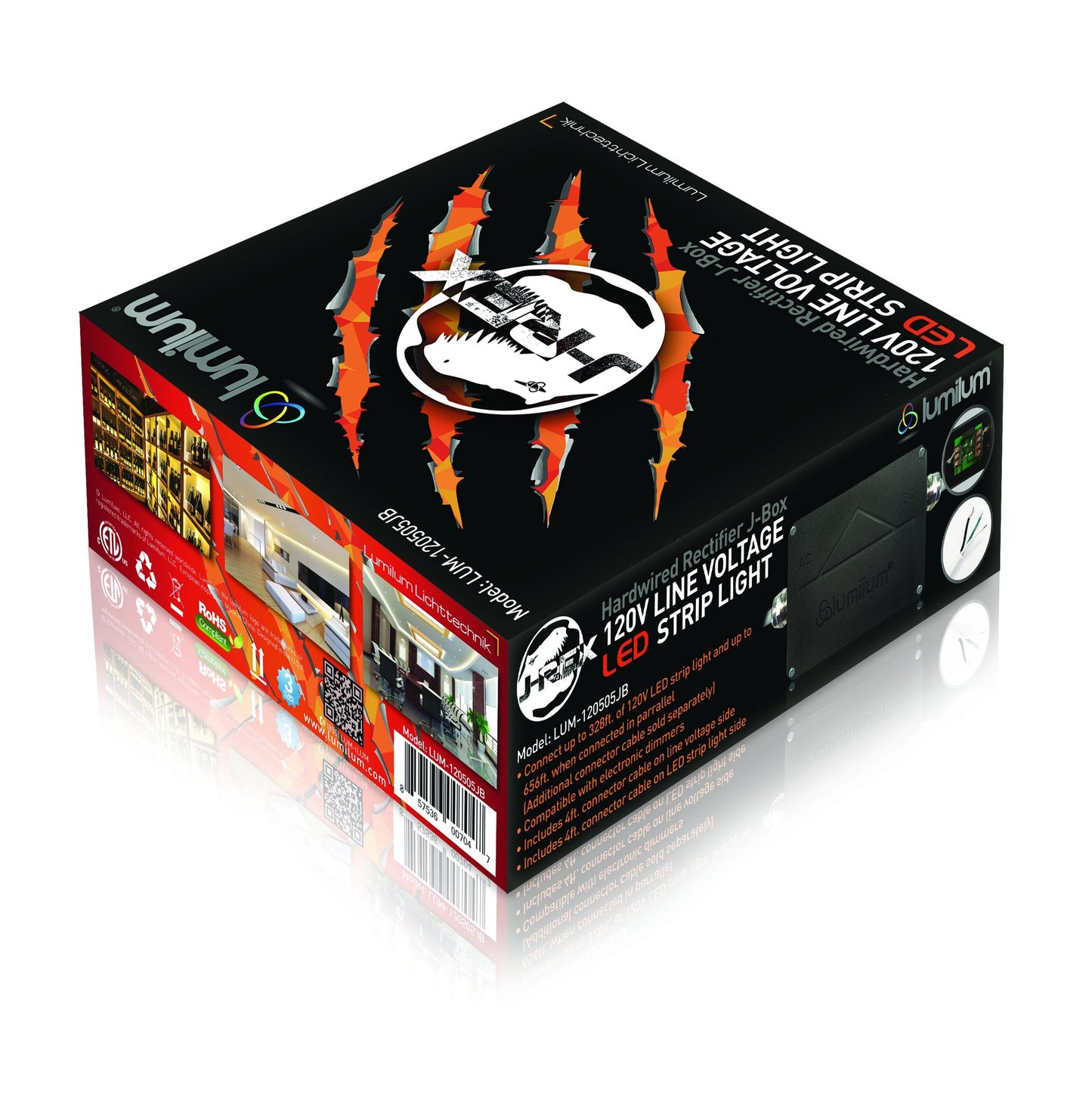black, orange, and white hardwired led rectifier box from lumilum brand