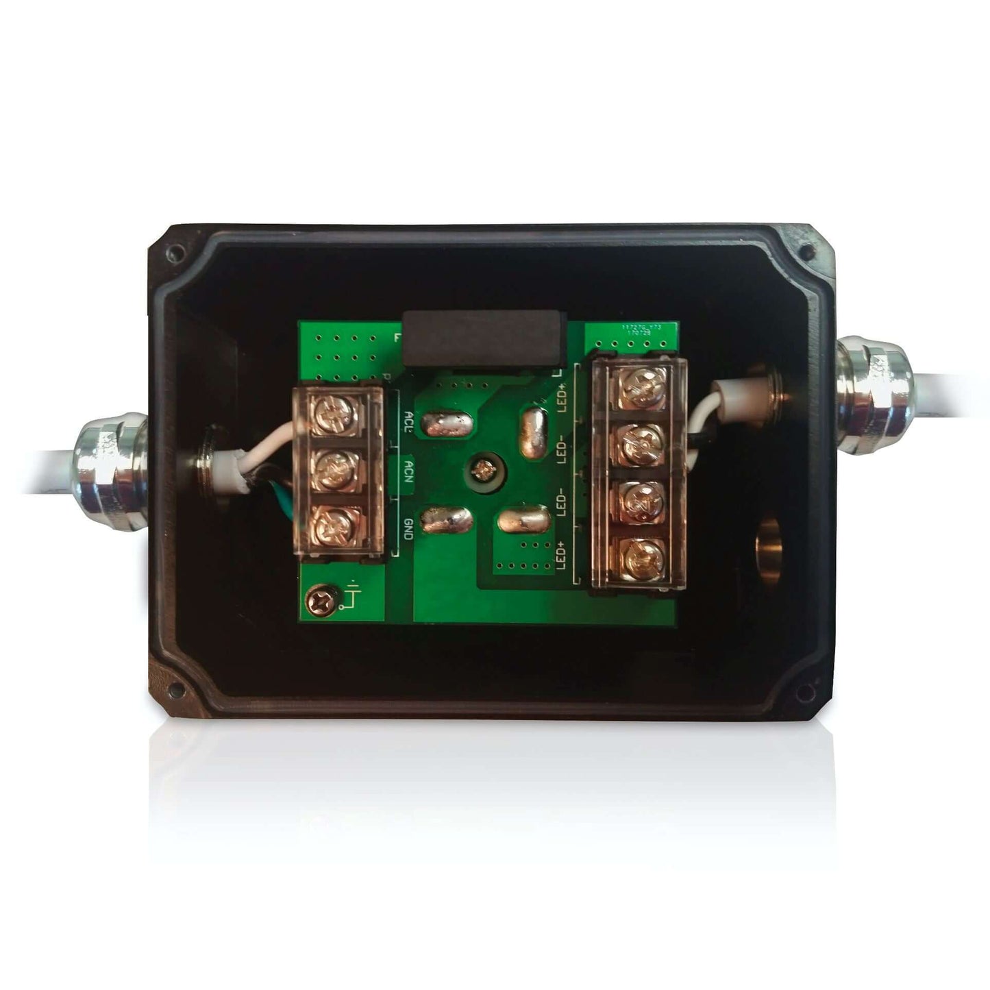 black hardwired led rectifier box showing internal wiring and connections