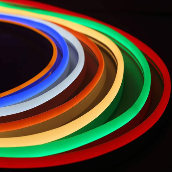 Lumilum 120V led neon rope light sections illuminated L to R: Amber, Blue, White, Orange, Yellow, Green, Red