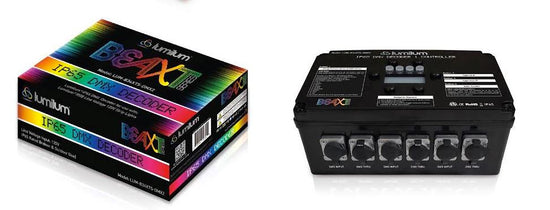 rainbow colored dmx decoder box on left side of black dmx decoder with 6 ports