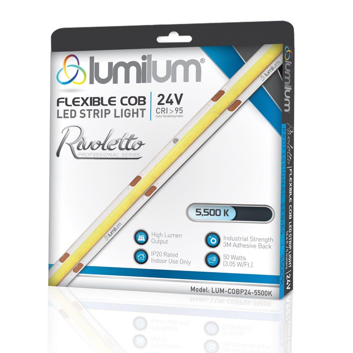 Lumilum 5500k led strip light packaging with blue and white accents showing led strip with yellow line