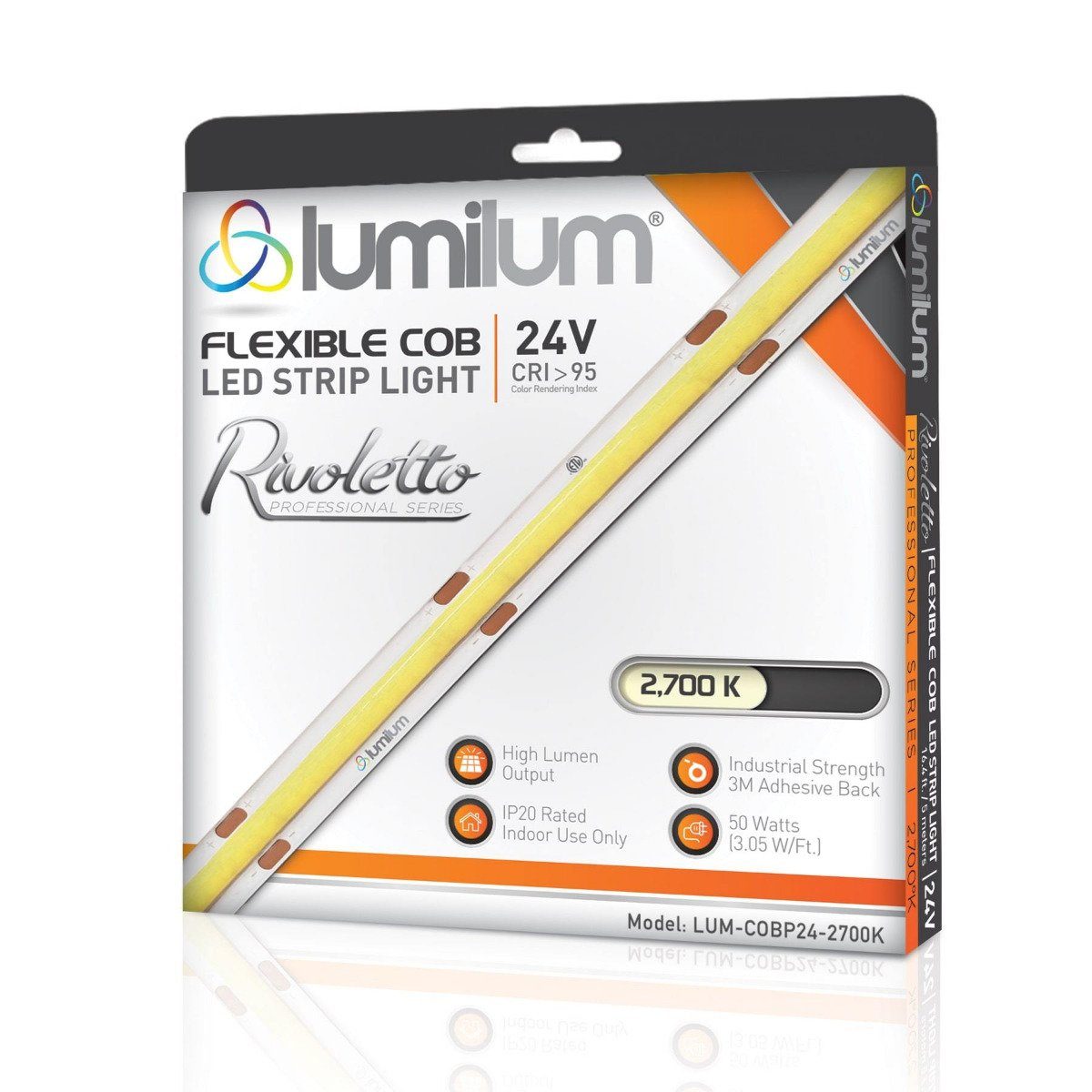 Lumilum 2700k led strip light packaging with orange and white accents showing led strip with yellow line