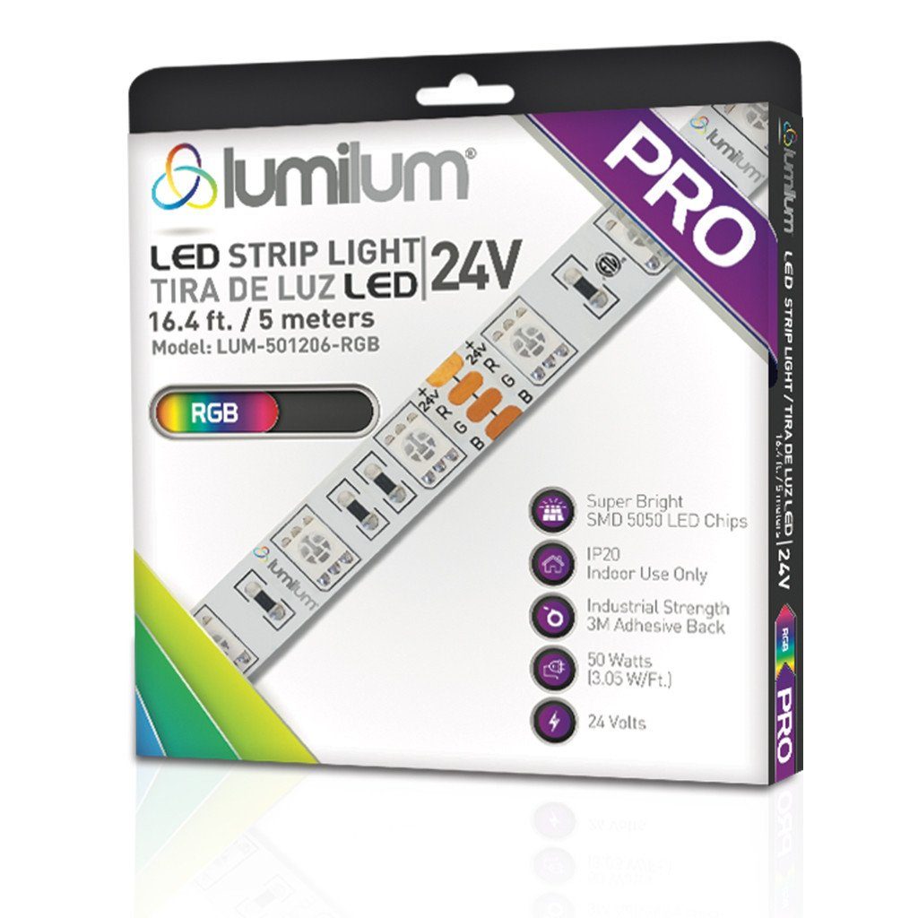 lumilum brand colorful led strip light packaging with purple banner showing PRO text and an RGB color label