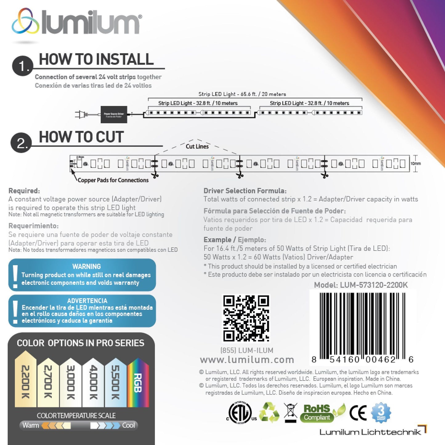 lumilum led strip light box backside showing installation instructions, how to cut, color temperature scale, qr code, and barcode with a variety of compliance icons at bottom right