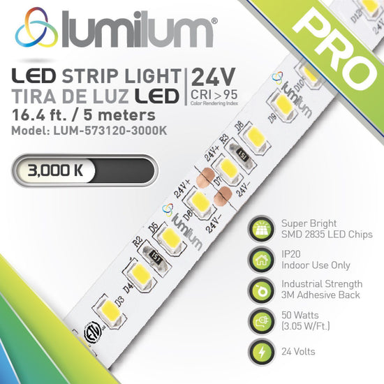 lumilum brand multicolored led strip light square packaging face with diagonal strip light with lime green PRO text and 3000k color temperature text