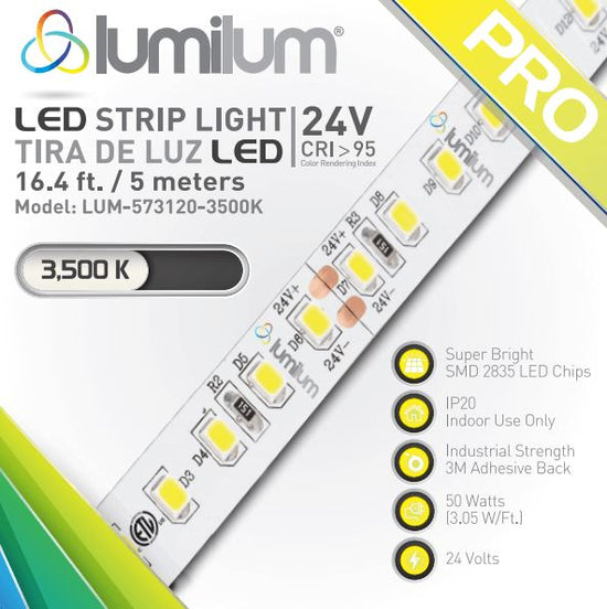 lumilum brand multicolored led strip light square packaging face of 3500k with yellow PRO text on white background with reflection