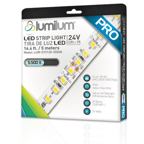 lumilum brand multicolored led strip light packaging face with blue banner featuring PRO text and 5500k label on white background with reflection
