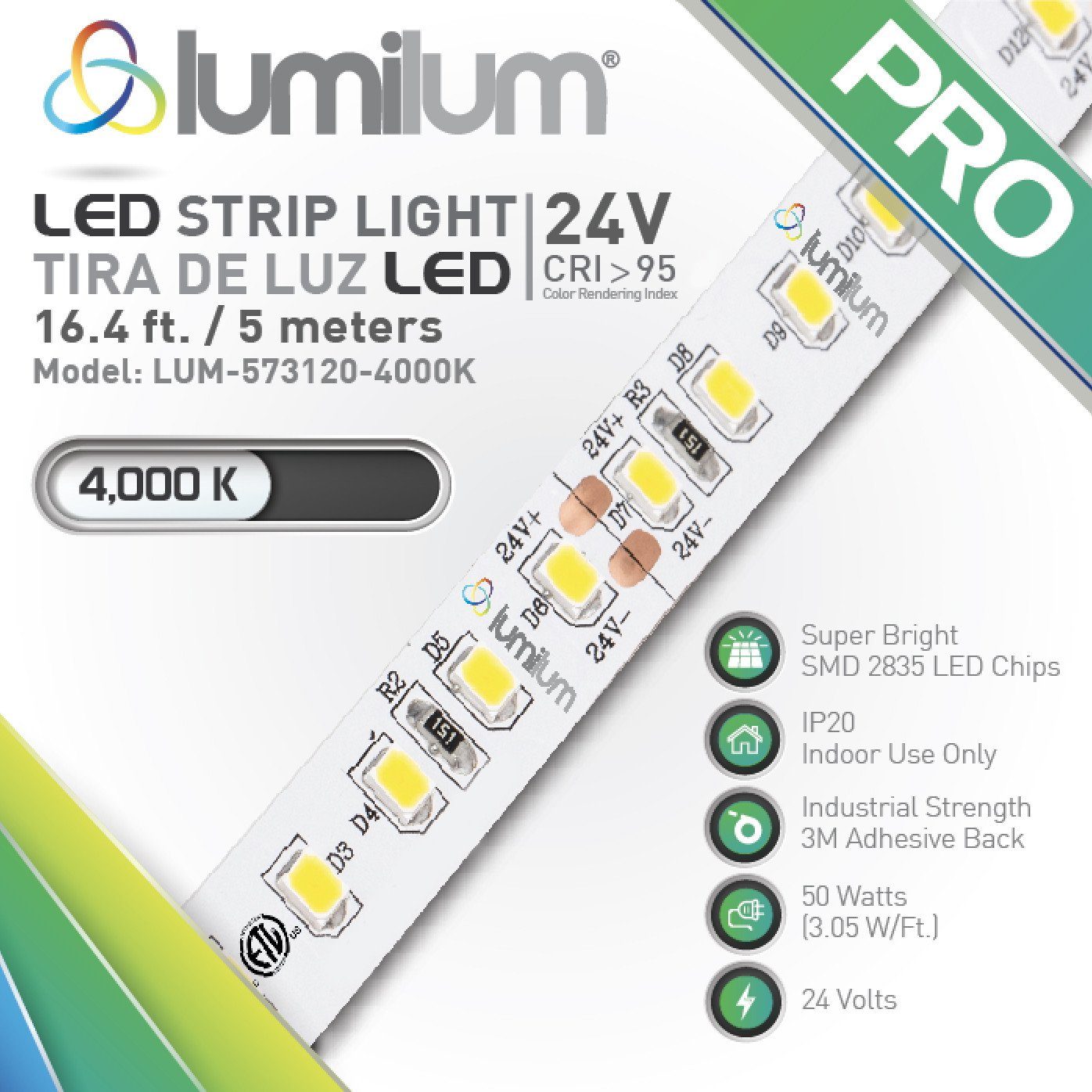 lumilum brand multicolored led strip light packaging face with diagonal strip light with forest green banner with white PRO text and 4000k color temperature text