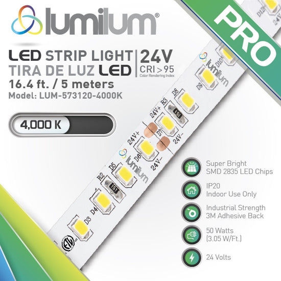 lumilum brand multicolored led strip light packaging face with diagonal strip light with forest green banner with white PRO text and 4000k color temperature text