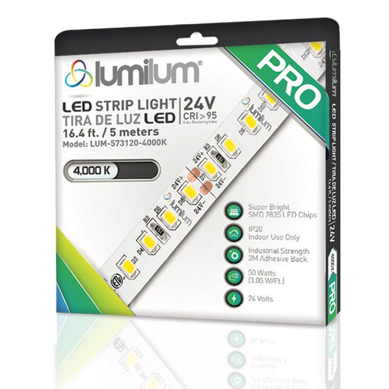 lumilum brand multicolored led strip light square packaging face of 4000k with forest green PRO text on white background with reflection