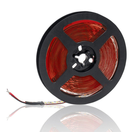 led strip light wound tightly on outer facing black reel with small section exposed red and black wire at end
