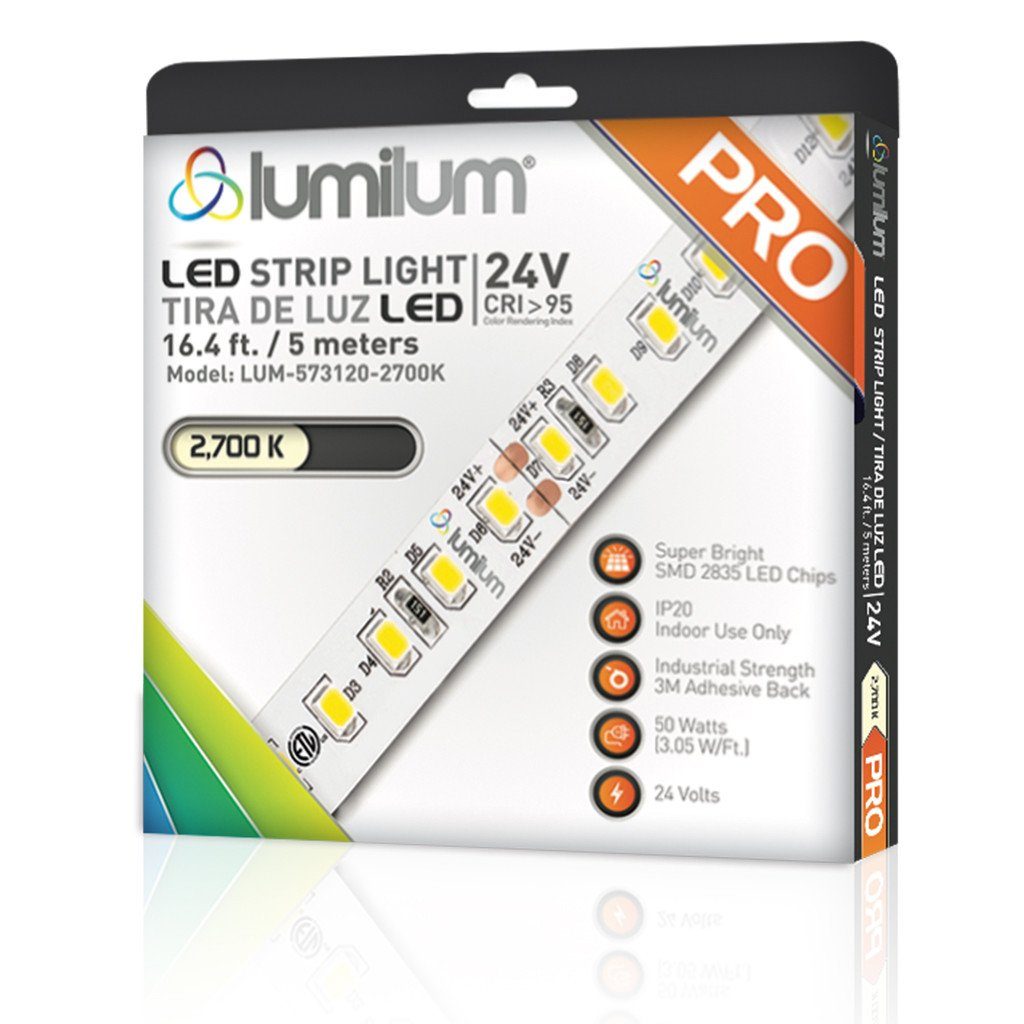 lumilum brand multicolored led strip light square packaging face with diagonal strip light with orange PRO text and 2700k color temperature text on white background with reflection