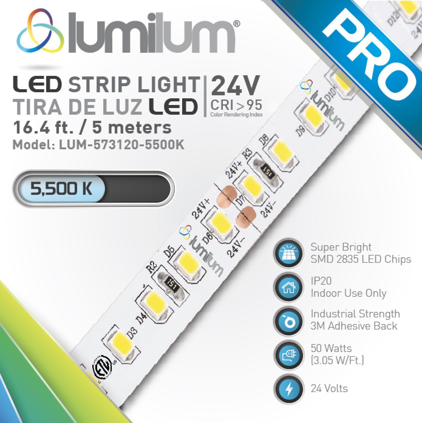 lumilum brand multicolored led strip light packaging face with diagonal strip light with blue PRO text and 5500k color temperature label