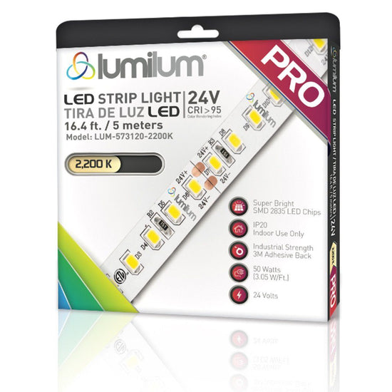lumilum brand multicolored led strip light square packaging face with pink PRO text on white background