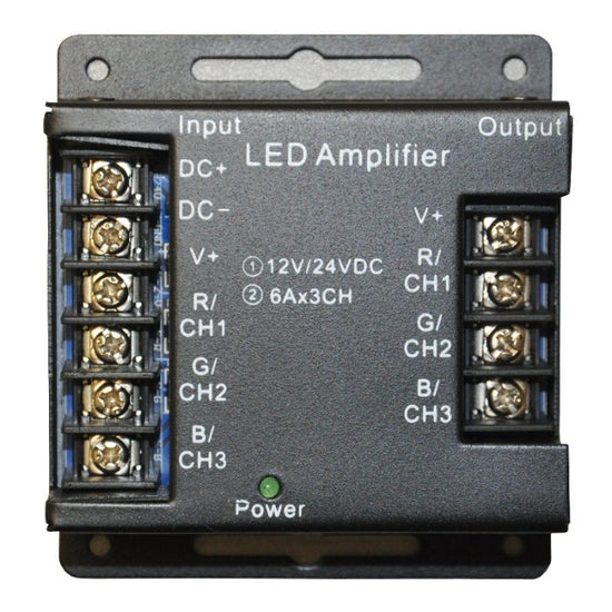 black box RGB LED signal amplifier with six inputs on left and four outputs on right