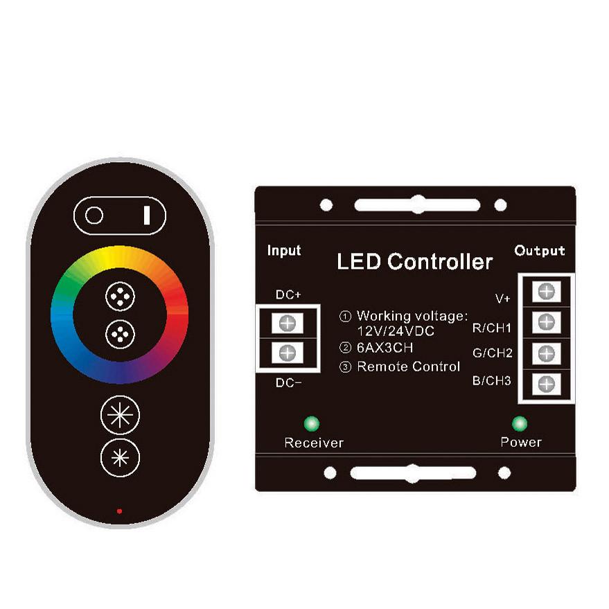 digital rendering of a black led light remote with color wheel next to rgb amplifier controller