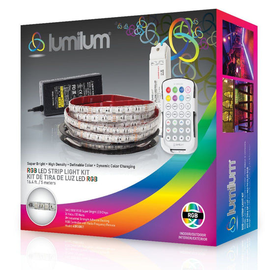 lumilum brand multicolor box with strip light, remote, and power source on front