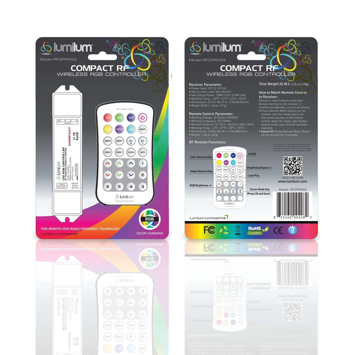lumilum brand rf remote controller multicolored packaging with remote image on frontside on left and backside of packaging showing instructions on right