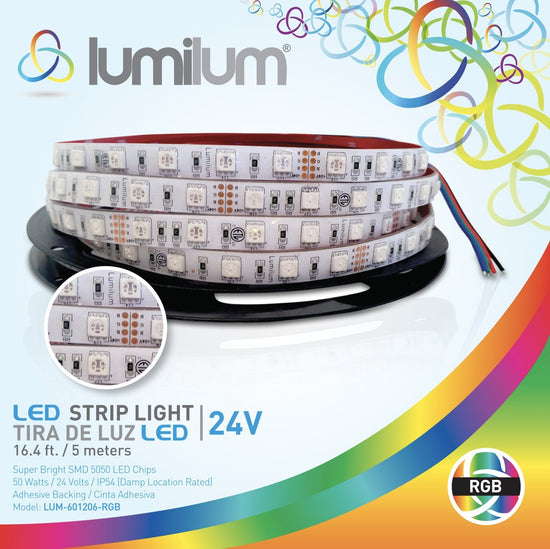 lumilum brand led strip light multicolor packaging. strip light image with white led chips