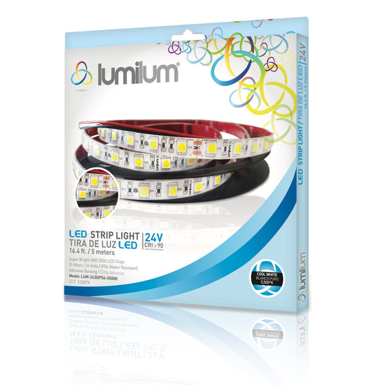 lumilum brand blue led strip light packaging with strip light image and 5500k product information text