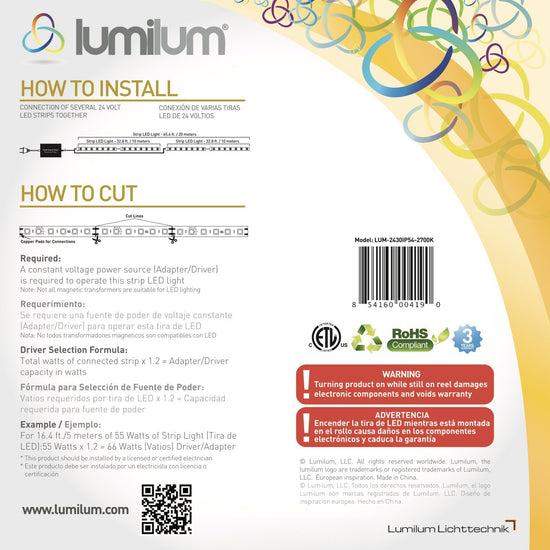 lumilum brand yellow led strip light packaging backside with product information text on how to install and cut