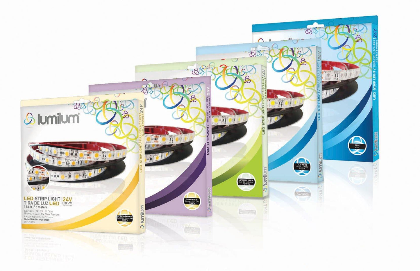 five lumilum brand led strip light multi color packgings arranged in diagonal order