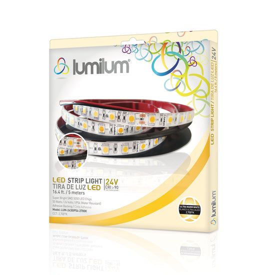 lumilum brand yellow led strip light packaging with strip light image and 2700k product information text