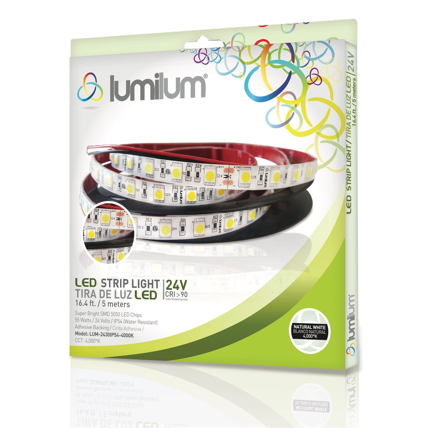 lumilum brand led strip light packaging in green with strip light image and 4000k product information text
