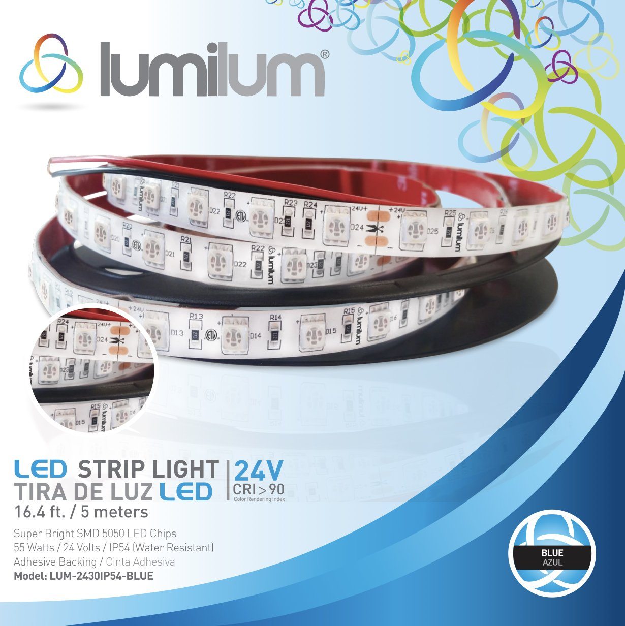 lumilum brand blue led strip light packaging with strip light image and intense blue product information text