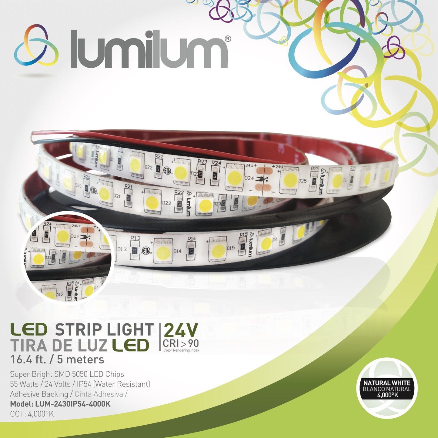 lumilum brand lime green led strip light packaging with strip light image and 4000k product information text
