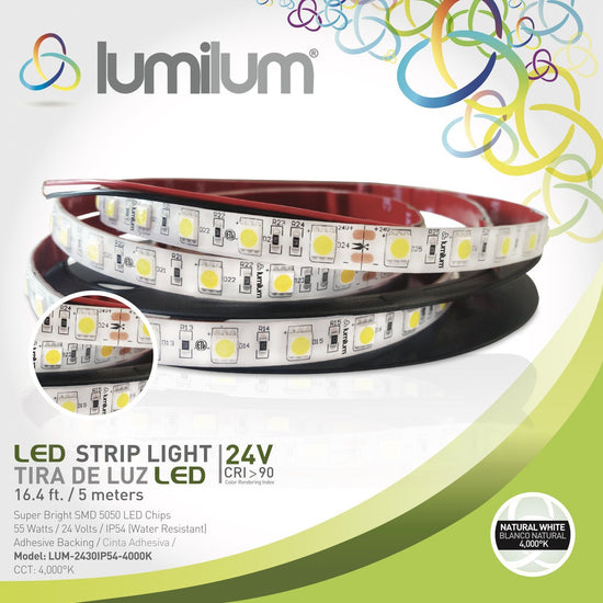 lumilum brand lime green led strip light packaging with strip light image and 4000k product information text