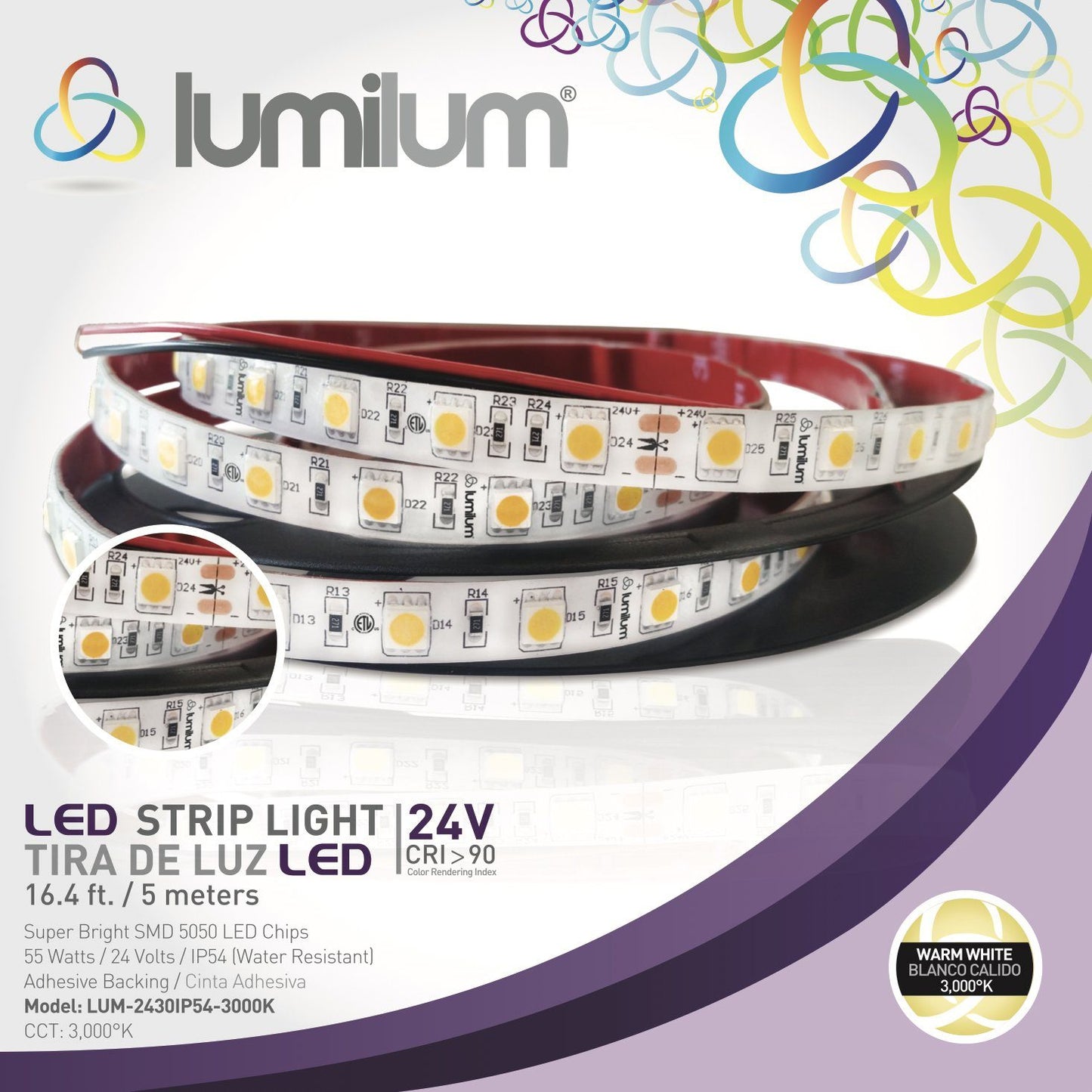 lumilum brand purple led strip light packaging with strip light image and 3000k product information text
