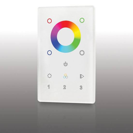 square, white, rgb wall panel with color wheel and multiple numerical buttons
