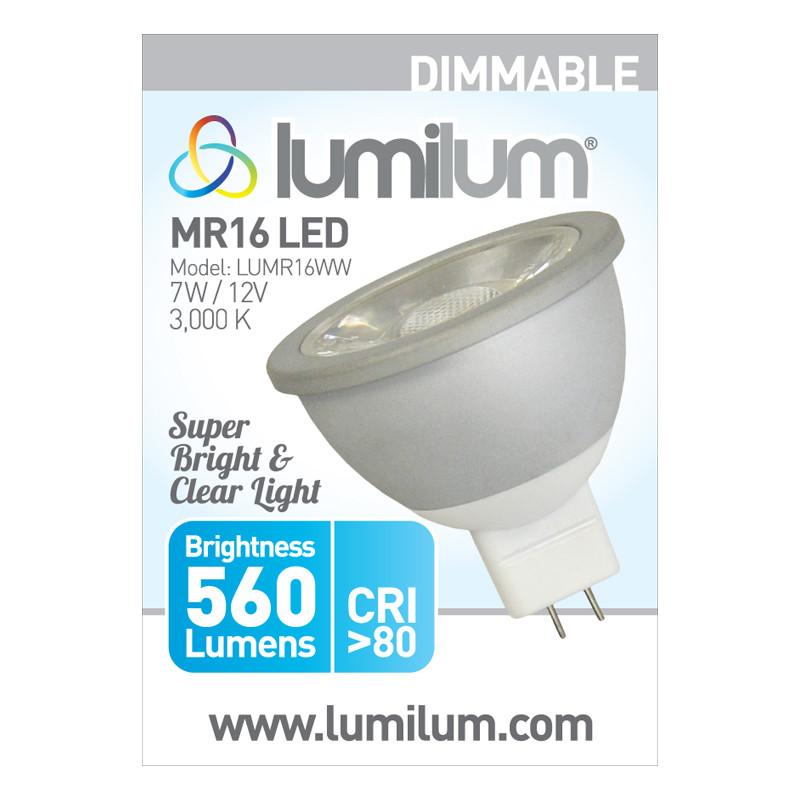 lumilum brand mr16 led bulbs 3000k packaging with blue accent and product information text