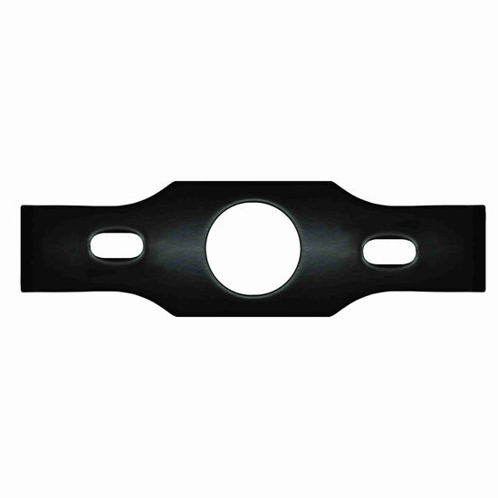 black mounting bracket with two holes on side and a circular center hole