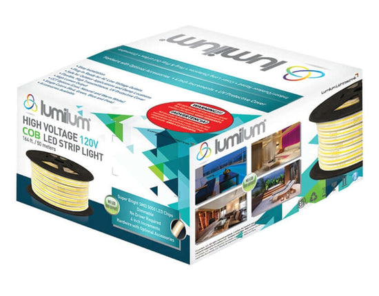 white and teal box for 120V COB LED Strip with triangle designs from Lumilum