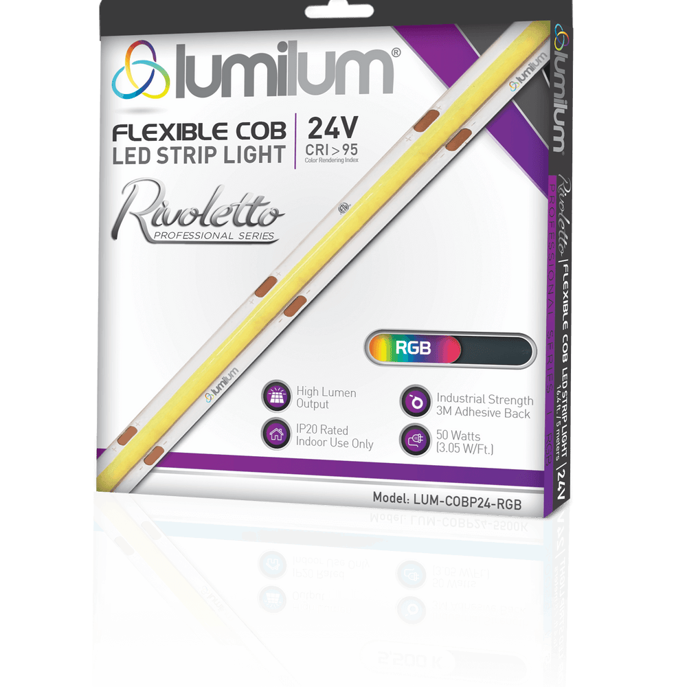 
                      
                        white packaging box for cob led strip with purple accents and strip image diagonally across front
                      
                    
