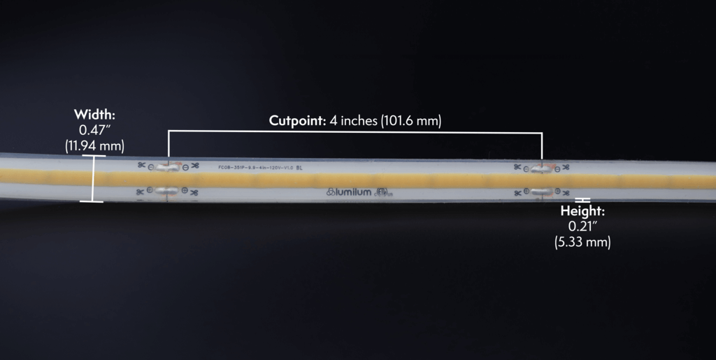 close up of cob led strip with text noting cut points, height, and width from Lumilum