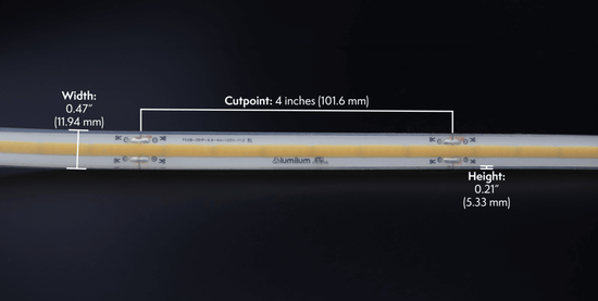close up of cob led strip with text noting cut points, height, and width from Lumilum