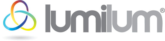 two tone gray "lumilum" logo with multicolor gradient knot on left side