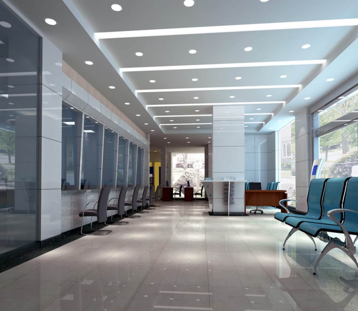 lobby waiting area with a multitude of white led light bulbs in the ceiling