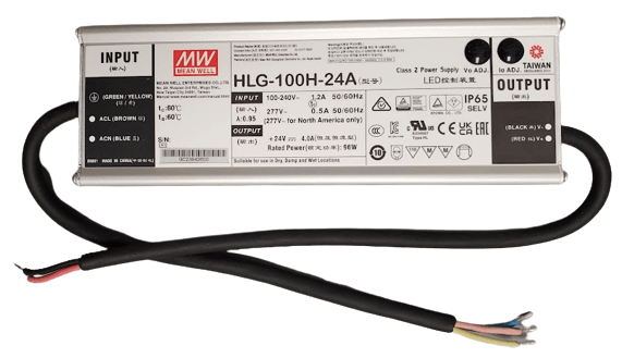 
                      
                        24v led transfomer in silver housing with black wires coming out of each end
                      
                    