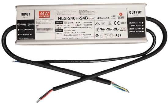 24v led transfomer in silver housing with black wires coming out of each end