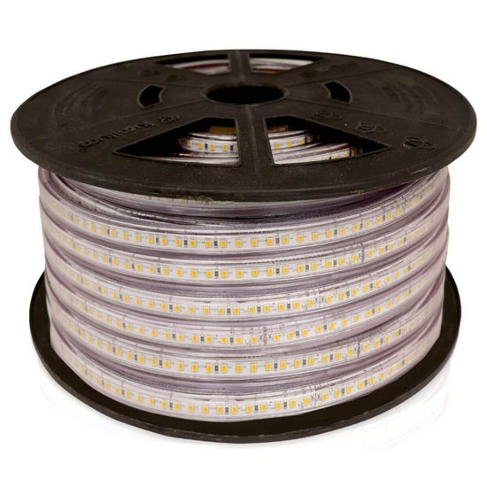 120V led strip light with visible yellow chips coiled on black reel