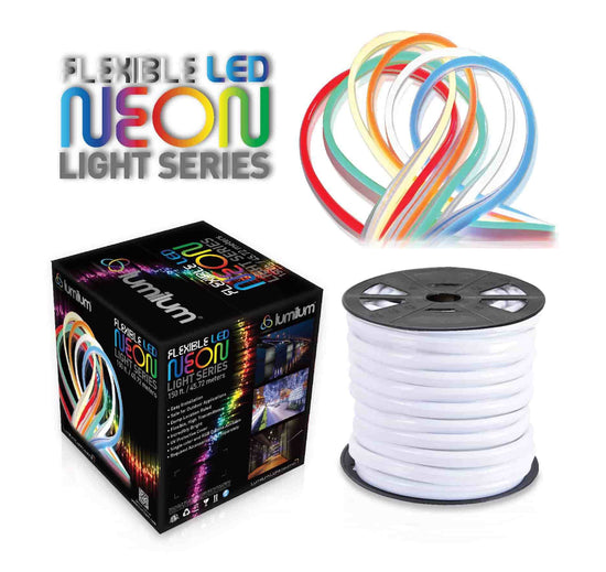 Lumilum LED neon rope light packaging, reel, logo, and illuminated strips in grid arrangement