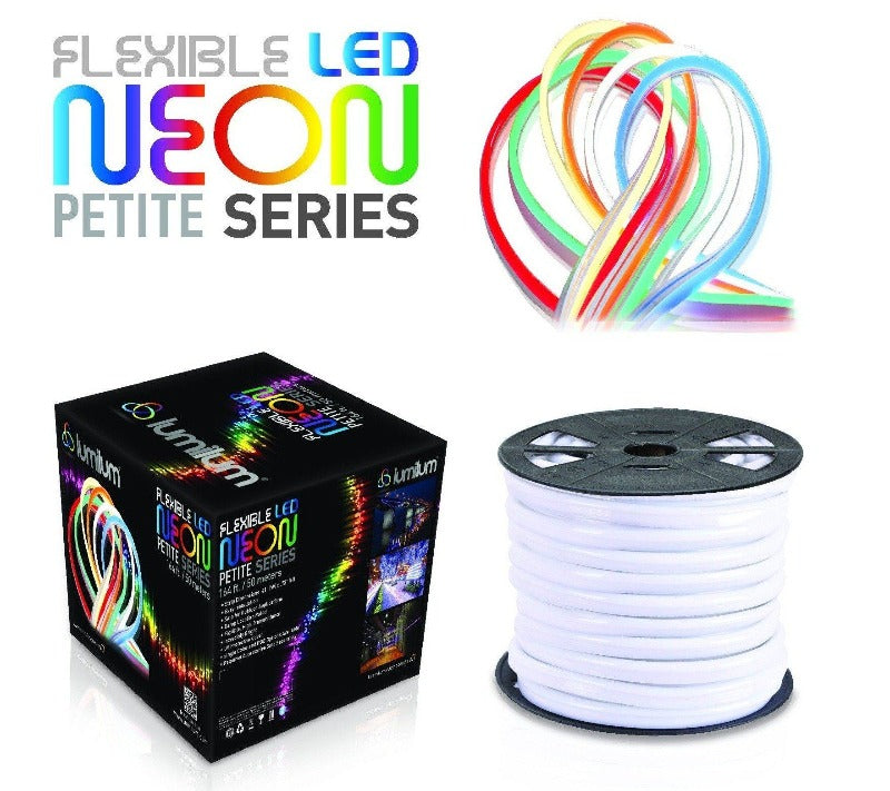 Load image into Gallery viewer, black led neon strip light box with colorful text, led neon strip light on black reel, illuminated multicolor strips, and colorful logo &amp;quot;flexible led neon petite series&amp;quot;
