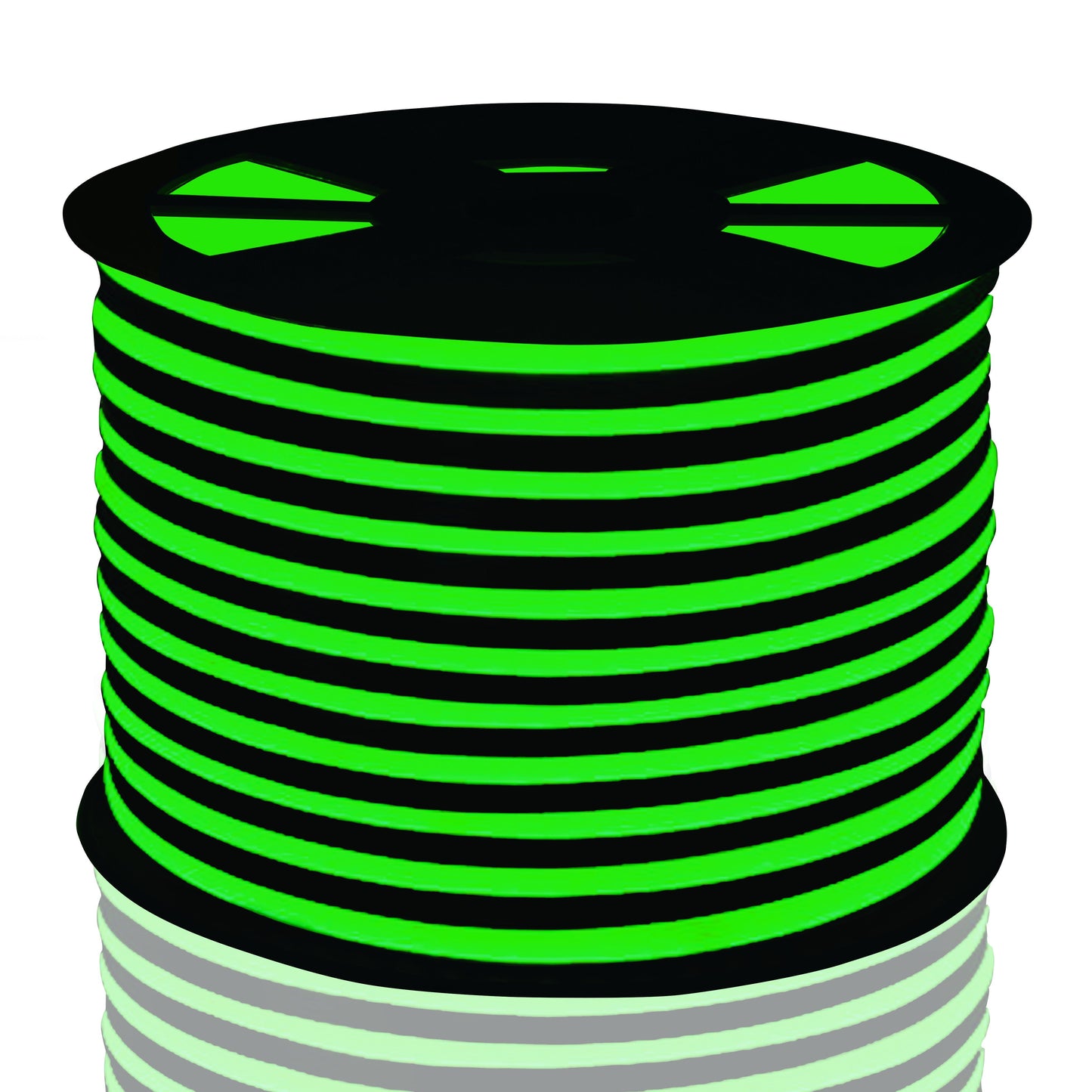 digital rendering of neon green led lights strip on black reel